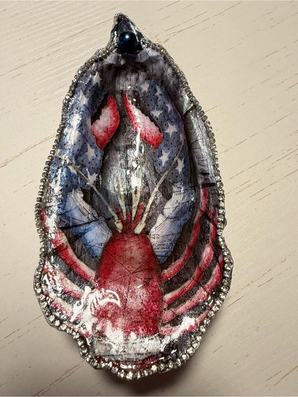 Handmade Patriotic American Flag  lobster decoupage Oyster Shell trinket dish